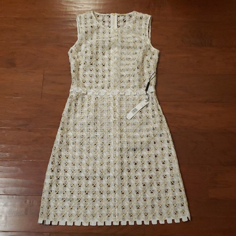 Elie Tahari Rosaleen Dress Metallic Gold White Lattice Lace Sleeveless NWT Siz 0